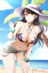 Rule 34 | 1girl, banned artist, bikini, black hair, blake belladonna, blue sky, bow, breasts, collarbone, cowboy shot, day, floating hair, grin, halterneck, hand on lap, hat, hat bow, hat ribbon, highres, kimmy77, large breasts, leaning forward, long hair, looking at viewer, navel, outdoors, palm tree, paw print, print bikini, purple bikini, purple bow, purple ribbon, ribbon, rwby, sarong, scrunchie, shiny skin, sky, smile, solo, standing, summer, sun hat, swimsuit, tree, very long hair, w, watermark, white hat, wrist scrunchie, yellow eyes