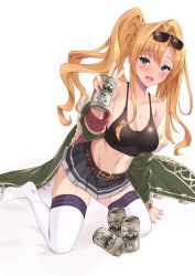Rule 34 | 1girl, :d, absurdres, beer can, black skirt, blonde hair, blue eyes, blush, breasts, can, cleavage, drink can, drunk, eyewear on head, granblue fantasy, hair ornament, hairband, highres, kneeling, large breasts, long hair, looking at viewer, midriff, miniskirt, open mouth, photoshop (medium), pm tii (matuko1024), skirt, smile, solo, sunglasses, thighhighs, thighs, twintails, vyrn (granblue fantasy), white thighhighs, zeta (dark) (granblue fantasy), zeta (granblue fantasy)
