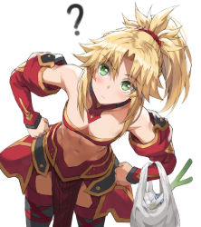 Rule 34 | 1girl, ?, armor, bag, bandeau, bare shoulders, black thighhighs, blonde hair, blush, braid, breasts, collarbone, detached collar, detached sleeves, egg carton, fate/apocrypha, fate (series), faulds, french braid, green eyes, grocery bag, hair ornament, hair scrunchie, highres, leaning forward, leaning to the side, long hair, looking at viewer, mordred (fate), mordred (fate/apocrypha), navel, parted bangs, pelvic curtain, ponytail, scrunchie, shopping bag, sidelocks, simple background, small breasts, solo, spring onion, thighhighs, thighs, tonee