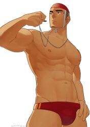 Rule 34 | 1boy, abs, bara, biceps, bulge, buzz cut, facial hair, feet out of frame, from below, glasses, goatee stubble, hidora art, highres, holding, holding whistle, large pectorals, lifeguard, looking to the side, male focus, male swimwear, muscular, muscular male, navel, nipples, original, pectorals, red male swimwear, short hair, sideburns, solo, sparse navel hair, sparse stubble, standing, stomach, stubble, swim briefs, thick eyebrows, thighs, topless male, v-taper, very short hair, whistle, whistle around neck, white background