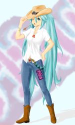 Rule 34 | 1girl, aqua eyes, aqua hair, belt, boots, cowboy boots, cowboy hat, denim, drawfag, drinking straw, full body, hat, hatsune miku, highres, jeans, long hair, magister, mouth hold, one eye closed, pants, sleeves rolled up, solo, spring onion, straw (stalk), very long hair, vocaloid, cowboy western, wink