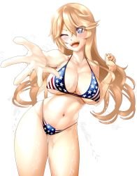 Rule 34 | 1girl, american flag, american flag bikini, asymmetrical hair, bare shoulders, bikini, blonde hair, blue eyes, blush, breasts, cleavage, clenched hand, collarbone, contrapposto, cowboy shot, curvy, eyes visible through hair, female focus, flag print, floating hair, foreshortening, gluteal fold, hair between eyes, halterneck, hand up, highleg, highleg bikini, iowa (kancolle), kamimon (schwarzkap), kantai collection, large breasts, leaning to the side, linea alba, long hair, looking at viewer, micro bikini, navel, one eye closed, open hand, open mouth, palms, reaching, reaching towards viewer, simple background, skindentation, smile, solo, star-shaped pupils, star (symbol), strap gap, swept bangs, swimsuit, symbol-shaped pupils, thick thighs, thigh gap, thighs, tsurime, underboob, very long hair, white background, wide hips, wink