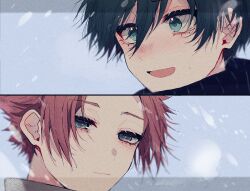 Rule 34 | 2boys, black hair, black scarf, blue background, blue eyes, blue lock, brothers, closed mouth, highres, itoshi rin, itoshi sae, male focus, multiple boys, natsuneco 02, open mouth, portrait, red hair, scarf, short hair, siblings, smile, split screen