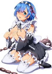 Rule 34 | 10s, 1girl, areola slip, ball and chain (weapon), black dress, blue eyes, blue hair, blush, breast hold, breasts, breasts out, cleavage, covering privates, covering breasts, detached sleeves, dress, flail, frills, garter straps, hair ornament, hair over one eye, hair ribbon, highres, large breasts, looking at viewer, magukappu, maid, maid headdress, matching hair/eyes, morning star, open mouth, re:zero kara hajimeru isekai seikatsu, rem (re:zero), ribbon, short hair, sitting, solo, spiked ball and chain, thighhighs, wariza, weapon, wet, white thighhighs, x hair ornament