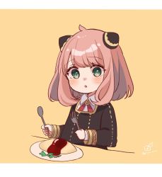 Rule 34 | 1girl, anya (spy x family), blush, border, brooch, child, collared shirt, food, fork, green eyes, hairpods, highres, holding, holding fork, holding spoon, jewelry, ketchup, looking at viewer, medium hair, neck ribbon, omelet, omurice, parted lips, pink hair, plate, ribbon, rino cnc, school uniform, shirt, signature, solo, spoon, spy x family, swept bangs, utensil
