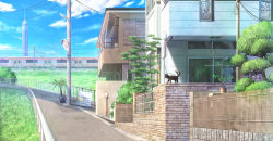 Rule 34 | animal, balcony, blue sky, building, bush, cat, cloud, commentary request, fence, flower pot, grass, highres, house, lamppost, nekomata, no humans, original, outdoors, plant, power lines, road, scenery, shadow, sky, skyscraper, street, tamikko, traffic mirror, train, utility pole, wall