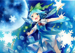 Rule 34 | 1girl, blue dress, blue eyes, blue hair, blush, bow, cirno, color ink (medium), dress, fang, full moon, hair bow, ice, ice wings, marker (medium), matching hair/eyes, moon, mosho, open mouth, outstretched arms, painting (medium), puffy sleeves, shirt, short sleeves, smile, solo, touhou, traditional media, watercolor (medium), wings