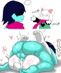 Rule 34 | 2boys, anal, animal ears, ass, blue hair, blush, breasts, child on child, colored skin, dark blue hair, enigi09, furry, furry male, furry with non-furry, heart, highres, horns, huge ass, interspecies, kris (deltarune), large breasts, lying, lying on person, male penetrated, mating press, multiple boys, ralsei, sex, shiny skin, short hair, size difference, speech bubble, undertale, yaoi