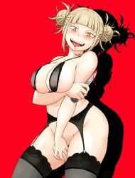 Rule 34 | 1girl, belt, black bra, black legwear, blood, blood on clothes, blood on face, bloody knife, bloody weapon, blunt bangs, boku no hero academia, bra, breasts, double bun, hair bun, hatching, hatching (texture), highres, hime cut, holding, holding knife, holding weapon, knife, looking at viewer, medium breasts, messy hair, red background, shadow, sidelocks, slit pupils, smile, solo, tof, toga himiko, tongue, tongue out, underwear, weapon