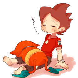 Rule 34 | 10s, 1boy, amano keita, arm support, artist name, barefoot, brown hair, cat, chiyoko (oman1229), closed eyes, flame-tipped tail, haramaki, jibanyan, multiple tails, red shirt, shirt, short hair, simple background, sitting, star (symbol), sweat, tail, traditional youkai, triangle mouth, two tails, watch, white background, wristwatch, youkai watch, youkai watch (object)