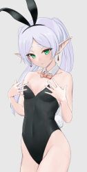 Rule 34 | 1girl, absurdres, animal ears, black leotard, bow, bowtie, breasts, cowboy shot, detached collar, drop earrings, earrings, elf, frieren, green eyes, highres, jewelry, leotard, long hair, playboy bunny, pointy ears, rabbit ears, rabbit tail, sasasa r 23, simple background, small breasts, solo, sousou no frieren, strapless, strapless leotard, striped bow, striped bowtie, striped clothes, tail, twintails, white background, white hair