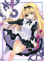 Rule 34 | 1girl, alice (alice in wonderland), alice in wonderland, alice soft, bare legs, bird, blonde hair, blue eyes, card, eyepatch, gears, gintarou (kurousagi108), highres, joker (playing card), long hair, mouth hold, outstretched arm, playing card, rance (series), sengoku rance, solo, yami alice