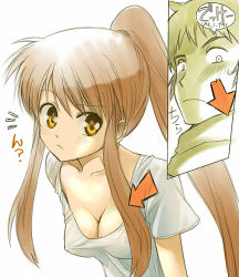 Rule 34 | 10s, 1boy, 1girl, alternate hairstyle, arrow (symbol), blush, breasts, brown hair, cleavage, covered erect nipples, downblouse, kikumaru bunta, kyon, long hair, looking at breasts, medium breasts, official alternate hair length, official alternate hairstyle, ponytail, simple background, suzumiya haruhi, suzumiya haruhi no shoushitsu, suzumiya haruhi no yuuutsu, translated, upper body, white background, yellow eyes