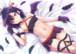 Rule 34 | 10s, 1girl, :o, armband, armpits, bandeau, bare shoulders, bed sheet, black gloves, black panties, breasts, collarbone, criss-cross halter, demon wings, dutch angle, eyelashes, feathers, gabriel dropout, gloves, groin, hair between eyes, hair ornament, hairclip, halterneck, highres, horns, kazenokaze, looking at viewer, lying, microskirt, midriff, navel, o-ring, o-ring top, on back, on bed, panties, parted lips, purple eyes, purple gloves, purple hair, purple panties, purple ribbon, purple skirt, purple wings, revision, ribbon, shadow, sheet grab, short hair, skirt, small breasts, solo, stomach, strapless, thigh strap, torn clothes, torn skirt, tube top, underboob, underwear, vignette tsukinose april, wings, x hair ornament