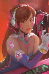 Rule 34 | 1girl, adapted costume, against object, animal print, backlighting, bad id, bad pixiv id, bare shoulders, bodysuit, bracer, breasts, brown eyes, brown hair, character name, cleavage, clothes writing, d.va (overwatch), detached sleeves, elbow gloves, facepaint, facial mark, finger on trigger, gloves, gun, hand up, handgun, headphones, highres, holding, holding gun, holding weapon, hose, leaning forward, linger ftc, lipstick, long hair, looking at viewer, makeup, matching hair/eyes, md5 mismatch, mecha, meka (overwatch), nose, overwatch, overwatch 1, parted lips, pilot suit, pink lips, pistol, purple gloves, rabbit print, realistic, revision, ribbed bodysuit, robot, shoulder pads, skin tight, sleeveless, small breasts, smile, solo, sticker, strap, swept bangs, turtleneck, upper body, weapon, whisker markings, white gloves