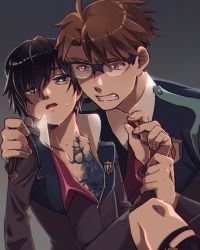 Rule 34 | 10s, 2boys, black hair, blue eyes, brown hair, darling in the franxx, glasses, gorou (darling in the franxx), hand on another&#039;s arm, hand on another&#039;s shoulder, hiro (darling in the franxx), long sleeves, looking at another, male focus, military, military uniform, multiple boys, necktie, o831o141, open clothes, red neckwear, scar, sweat, uniform, yellow eyes