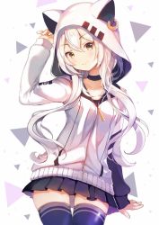 Rule 34 | 1girl, animal hood, azuma lim, azuma lim channel, black choker, blush, brown eyes, choker, closed mouth, commentary request, hand up, highres, hood, hood up, hoodie, long hair, long sleeves, looking at viewer, pleated skirt, purple skirt, purple thighhighs, sibyl, skirt, smile, solo, thigh gap, thighhighs, virtual youtuber, white hair, zettai ryouiki, zipper