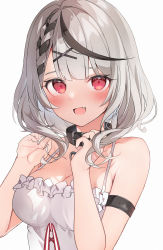 Rule 34 | 1girl, :d, absurdres, auui, bare shoulders, black collar, black hair, blunt bangs, blush, braid, breasts, camisole, cleavage, collar, collarbone, colored tips, commentary request, fang, frilled camisole, frills, grey hair, hair ornament, highres, hololive, large breasts, looking at viewer, medium hair, multicolored hair, open mouth, red eyes, ringlets, sakamata chloe, simple background, smile, solo, streaked hair, two-tone hair, upper body, virtual youtuber, white background, white camisole, x hair ornament