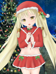 Rule 34 | 1girl, bell, blonde hair, blue background, blush, bow, breasts, christmas, christmas ornaments, christmas tree, flower knight girl, fur-trimmed headwear, fur-trimmed jacket, fur-trimmed skirt, fur trim, hair bell, hair bow, hair ornament, hat, highres, jacket, koonitabirako (flower knight girl), long hair, long sleeves, looking at viewer, midriff, navel, open mouth, pom pom (clothes), red headwear, red jacket, red shirt, red skirt, santa costume, santa hat, shirt, skirt, small breasts, smile, snowflake background, standing, star (symbol), twintails, weru, yellow eyes