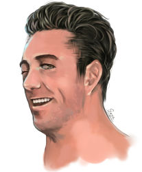 Rule 34 | 1boy, :d, absurdres, billy herrington, brown hair, commentary, facial hair, gachimuchi pants wrestling, green eyes, hair slicked back, highres, looking at viewer, male focus, one eye closed, open mouth, portrait, real life, saya hi10 (saya), signature, smile, solo, stubble, teeth, upper teeth only, wrestling (series)