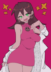 Rule 34 | 1girl, absurdres, bare shoulders, breasts, brown hair, buzzlyears, coat, commentary, covered collarbone, dress, earrings, fang, glowing, glowing eyes, green eyes, highres, jewelry, lab coat, large breasts, medium hair, mega man (series), mega man legends (series), off shoulder, pink background, pink dress, simple background, skin fang, solo, star (symbol), tron bonne (mega man)