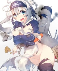Rule 34 | 10s, 1girl, ainu clothes, black thighhighs, blue eyes, breasts, carrot, chain, damaged, folded ponytail, food, fuuen (akagaminanoka), groin, hair between eyes, headband, highres, holding, holding food, kamoi (kancolle), kantai collection, large breasts, long hair, open mouth, potato, simple background, smokestack, solo, thighhighs, torn clothes, white background, white hair