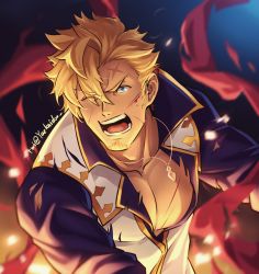 Rule 34 | 1boy, bara, cross scar, curran (dragalia lost), dragalia lost, embers, facial hair, fire, goatee, hair between eyes, highres, jewelry, long sideburns, male focus, mature male, muscular, muscular male, necklace, one eye closed, pectoral cleavage, pectorals, scar, scar on face, scar on forehead, short hair, sideburns, solo, upper body, wind, yaekaidou
