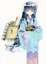 Rule 34 | 1girl, agahari, black hair, box, female focus, japanese clothes, kimono, long hair, rune factory, rune factory 2, solo, traditional clothes, white background, yue (rune factory)
