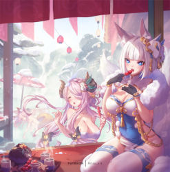 Rule 34 | 3girls, animal ear fluff, animal ears, azur lane, bad id, bad pixiv id, bare shoulders, bell, black gloves, blue eyes, blunt bangs, blush, braid, breasts, china dress, chinese clothes, cleavage, cleavage cutout, clothing cutout, commentary request, covered navel, crossover, crown braid, cup, double bun, draph, dress, eating, eyeliner, fate/grand order, fate (series), fingerless gloves, fox ears, fox mask, gloves, granblue fantasy, hair bell, hair bun, hair ornament, hair over one eye, horns, jingle bell, kaga (azur lane), lantern, large breasts, long hair, looking down, makeup, mask, mask on head, mitsu (mitsu art), multiple girls, multiple tails, naked towel, narmaya (granblue fantasy), oil-paper umbrella, onsen, open mouth, outdoors, paper lantern, patreon username, pelvic curtain, pink hair, scarf, short dress, short hair, sidelocks, sitting, snowball, snowing, steam, tagme, tail, tamamo (fate), tamamo no mae (fate/extra), thighhighs, towel, umbrella, wading, white hair, white legwear, white scarf, wince, yokozuwari, yunomi