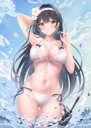 Rule 34 | 1girl, absurdres, arm behind head, arm up, bikini, black hair, blue sky, blush, breasts, chinese commentary, cleavage, closed mouth, cloud, cloudy sky, commentary request, cowboy shot, day, flower, front-tie bikini top, front-tie top, girls&#039; frontline, gluteal fold, gun, hair flower, hair ornament, hairband, halterneck, highres, kallen ayase, large breasts, light smile, long hair, looking at viewer, navel, outdoors, side-tie bikini bottom, sky, solo, splashing, standing, swimsuit, thigh gap, type 95 (girls&#039; frontline), very long hair, wading, water, water drop, weapon, white bikini, white flower, white hairband, yellow eyes