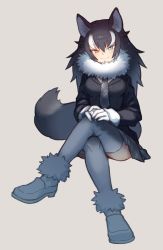 Rule 34 | 10s, 1girl, :&gt;, animal ears, beige background, black hair, black jacket, blazer, blue eyes, breast pocket, breasts, buttons, collar, commentary, crossed legs, full body, fur collar, gloves, grey background, grey footwear, grey hair, grey thighhighs, grey wolf (kemono friends), hands on own knee, heterochromia, invisible chair, jacket, kemono friends, large breasts, loafers, long hair, long sleeves, looking at viewer, multicolored hair, necktie, own hands together, plaid, plaid necktie, plaid neckwear, plaid skirt, pleated skirt, pocket, shoes, simple background, sitting, skirt, smile, solo, tail, thighhighs, tsurime, two-tone hair, wavy hair, white gloves, white hair, wolf ears, wolf tail, yarerubabaa, yellow eyes