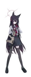 Rule 34 | 1girl, absurdres, animal ear fluff, animal ears, armband, assault rifle, black hair, black sailor collar, black skirt, black thighhighs, blue archive, brown halo, closed mouth, commentary, expressionless, fox ears, full body, gun, h&amp;k hk416, headset, highres, inaba reito, long hair, long sleeves, looking at viewer, neckerchief, puffy long sleeves, puffy sleeves, red eyes, red neckerchief, rifle, sailor collar, shirt, shirt tucked in, shoulder strap, simple background, skirt, solo, standing, symbol-only commentary, thighhighs, throat microphone, weapon, white armband, white background, white shirt, yukino (blue archive)