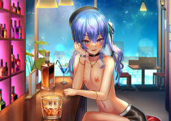 Rule 34 | 1girl, absurdres, alcohol, alternate costume, bar (place), beret, black choker, black hat, black shorts, blue eyes, blue hair, blush, bracelet, breasts, breath, ceiling light, chair, choker, cocktail glass, cowboy shot, cup, drinking glass, drinking straw, eyelashes, food, fruit, green ribbon, hair between eyes, hair ribbon, hand up, hat, head rest, heart, heart-shaped pupils, highres, hololive, hoshimachi suisei, indoors, jagoo, jewelry, large areolae, lime (fruit), lime slice, liquor, long hair, looking at viewer, navel, nipples, plant, pointing, pointing at viewer, potted plant, ribbon, short shorts, shorts, side ponytail, sitting, small breasts, smile, solo, symbol-shaped pupils, table, thighs, topless, variant set, virtual youtuber, window