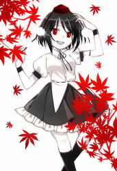 Rule 34 | 1girl, absurdres, armband, autumn leaves, bow, bowtie, check commentary, collared shirt, commentary, commentary request, crossed legs, falling leaves, frilled skirt, frills, hand on own head, hat, highres, kneehighs, leaf, looking at viewer, miniskirt, monochrome, open mouth, pom pom (clothes), puffy short sleeves, puffy sleeves, red eyes, red hat, red theme, ribbon-trimmed shirt, shameimaru aya, shirt, short hair, short sleeves, skirt, smile, socks, spot color, teeth, tokin hat, toraneko 2, touhou, touhou cannonball, upper teeth only, white background