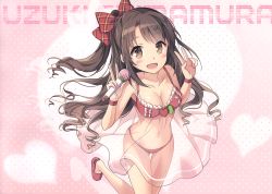 Rule 34 | 1girl, :d, absurdres, blush, bow, bra, breasts, brown eyes, brown hair, character name, cleavage, collarbone, double v, dress, floating hair, gown, highres, holding, holding microphone, idolmaster, idolmaster cinderella girls, leg up, long hair, looking at viewer, medium breasts, microphone, nyanya, open mouth, panties, plaid, plaid bow, red bow, red bra, red footwear, red panties, see-through, shimamura uzuki, shiny skin, side ponytail, slippers, smile, solo, standing, standing on one leg, striped, striped bow, underwear, underwear only, v, very long hair, wrist cuffs