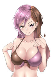 Rule 34 | 1girl, 2016, absurdres, alternate breast size, artist name, bad id, bad pixiv id, bare arms, bare shoulders, bikini, blush, breasts, brown hair, cleavage, closed mouth, collarbone, dated, female focus, front-tie top, hair between eyes, heterochromia, highres, large breasts, long hair, looking at viewer, lulu-chan92, matching hair/eyes, multicolored bikini, multicolored clothes, multicolored hair, neo politan, pink hair, rwby, simple background, solo, split-color hair, stomach, swimsuit, two-tone hair, upper body, white background