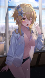 Rule 34 | 1girl, absurdres, black panties, blonde hair, blush, bow, bow panties, breasts, cityscape, cleavage, collarbone, curtains, flower, genshin impact, hair flower, hair ornament, hidel, highres, indoors, large breasts, lily (flower), looking at viewer, lumine (genshin impact), naked shirt, navel, one eye closed, open mouth, panties, shirt, short hair with long locks, solo, tears, underwear, waking up, white flower, white shirt, window, yawning, yellow eyes