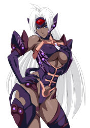 Rule 34 | 00s, 1girl, android, bare shoulders, blue eyes, breasts, cleavage, dark-skinned female, dark skin, elbow gloves, female focus, gloves, highres, lime (purple haze), long hair, nipples, simple background, smile, solo, t-elos, thick thighs, thighs, white hair, xenosaga, xenosaga episode iii