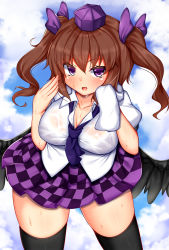 Rule 34 | black thighhighs, brown hair, checkered clothes, checkered skirt, daichi (tokoya), hat, highres, himekaidou hatate, necktie, purple eyes, see-through, shirt, skirt, solo, sweat, thighhighs, tokin hat, touhou, twintails, wet, wet clothes, wet shirt, wings