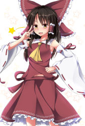 Rule 34 | 1girl, :d, artist request, bad id, bad pixiv id, bare shoulders, blush, bow, brown eyes, brown hair, detached sleeves, frills, hair bow, hair tubes, hakurei reimu, highres, japanese clothes, long hair, long sleeves, looking at viewer, miko, open mouth, ribbon, ribbon-trimmed sleeves, ribbon trim, simple background, smile, solo, touhou, toyosaki shu, white background, wide sleeves