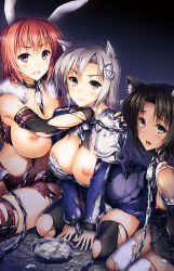 Rule 34 | 3girls, animal ears, armor, ashermes, bare shoulders, bdsm, black legwear, blush, bondage, bound, bowl, breasts, brown eyes, brown hair, chain, clenched teeth, collar, collar tag, compass rose, cum, cum in bowl, cum in container, cum on floor, from above, fur, gloves, grey eyes, hair ornament, kneeling, large breasts, leash, looking at viewer, matching hair/eyes, metal collar, multiple girls, navel, nipples, open mouth, red eyes, red hair, seiza, silver hair, sitting, slave, strap, sweat, teeth, thighhighs, tongue, tongue out, torn clothes, torn gloves, white legwear, yokozuwari