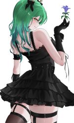 Rule 34 | 1girl, absurdres, antler ribbon, antlers, black dress, black gloves, ceres fauna, cowboy shot, dress, flower, frilled dress, frills, from behind, gloves, gothic lolita, green hair, hashtag-only commentary, highres, holding, holding flower, hololive, hololive english, horns, immoralmouse, lolita fashion, long hair, looking at viewer, looking back, mole, mole under eye, simple background, solo, standing, thigh strap, thighhighs, virtual youtuber, white background, yellow eyes
