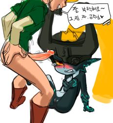 Rule 34 | 1boy, 1girl, blush, boots, bottomless, chi-iz, clenched teeth, fang, helmet, korean text, legs up, link, midna, nintendo, one eye covered, orange hair, penis, pointy ears, pussy, red eyes, speech bubble, tears, teeth, text focus, the legend of zelda, the legend of zelda: twilight princess, translation request, uncensored, white background