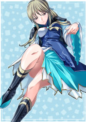 Rule 34 | &gt;:(, 1girl, armor, black footwear, blonde hair, blue background, blue skirt, blush, boots, breasts, brown eyes, cleavage cutout, closed mouth, clothing cutout, frilled sleeves, frills, frown, knee boots, knee up, long hair, long sleeves, looking at viewer, medium breasts, no legwear, outline, red eyes, shin sangoku musou, shin sangoku musou 6, shiny skin, shoulder pads, skirt, solo, sumi (joker), v-shaped eyebrows, wang yuanji, white outline, wide sleeves