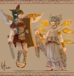 Rule 34 | 2girls, alternate costume, alternate wing color, armor, blizzomos, blue hair, brown footwear, cirno, daiyousei, dated, earrings, fairy wings, floating, greco-roman clothes, green eyes, grin, holding, holding shield, holding sword, holding weapon, jewelry, multiple girls, pointy ears, red skirt, roman clothes, sandals, shield, shin guards, short sword, skirt, skirt hold, smile, sword, touhou, weapon, wings