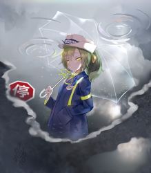 Rule 34 | 1girl, blue coat, bow, chinese commentary, closed mouth, coat, commentary request, cookie (touhou), cowboy shot, daiyousei, diyusi (cookie), expressionless, fairyfloss, green eyes, hair between eyes, hair bow, hand in pocket, highres, holding, holding umbrella, long sleeves, looking at viewer, medium hair, neck ribbon, pale skin, ponytail, qr code, rain, raincoat, reflection, ribbon, road sign, sign, solo, touhou, traffic officer, transparent, transparent umbrella, umbrella, unusually open eyes, white headwear, yellow bow, yellow neck ribbon, yellow ribbon