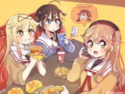 Rule 34 | + +, 3girls, ahoge, beige sweater, beret, black hair, black headwear, blonde hair, blue eyes, blue sweater, braid, brown eyes, burger, cable, calling, cellphone, charger, charging device, commentary request, drink, eating, electric plug, electrical outlet, food, french fries, hair flaps, hair ornament, hair over shoulder, hat, heterochromia, kantai collection, long hair, multiple girls, murasame (kancolle), murasame kai ni (kancolle), phone, recharging, red eyes, ren kun, sailor collar, school uniform, serafuku, shigure (kancolle), shiratsuyu (kancolle), shiratsuyu kai ni (kancolle), single braid, sweater, talking on phone, twitter username, upper body, white sailor collar, yellow sweater, yuudachi (kancolle)