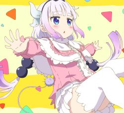 Rule 34 | 10s, 1girl, beads, blue eyes, blunt bangs, blush, capelet, commentary request, dragon girl, dragon horns, dress, hair beads, hair ornament, hairband, horns, kanna kamui, kobayashi-san chi no maidragon, light purple hair, long hair, looking to the side, low twintails, outstretched arms, solo, tail, thighhighs, tomato (lsj44867), triangle mouth, twintails, white thighhighs