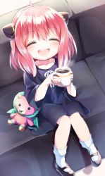 Rule 34 | 1girl, anya (spy x family), blush, child, closed eyes, couch, cup, director chimera (spy x family), dress, hairpods, happy, highres, holding, holding cup, hot chocolate, mani (second-dimension), medium hair, open mouth, sitting, smile, solo, spy x family