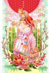 Rule 34 | 1girl, 720 72, animal, animal on head, bamboo, basket, blue background, bonnet, brown hair, camellia, cat, cat on head, checkered background, cherry blossoms, chrysanthemum print, doll, floral print, flower, full body, fur trim, haori, japanese clothes, kimono, looking up, on head, original, pom pom (clothes), short hair, smile, solo, standing, striped